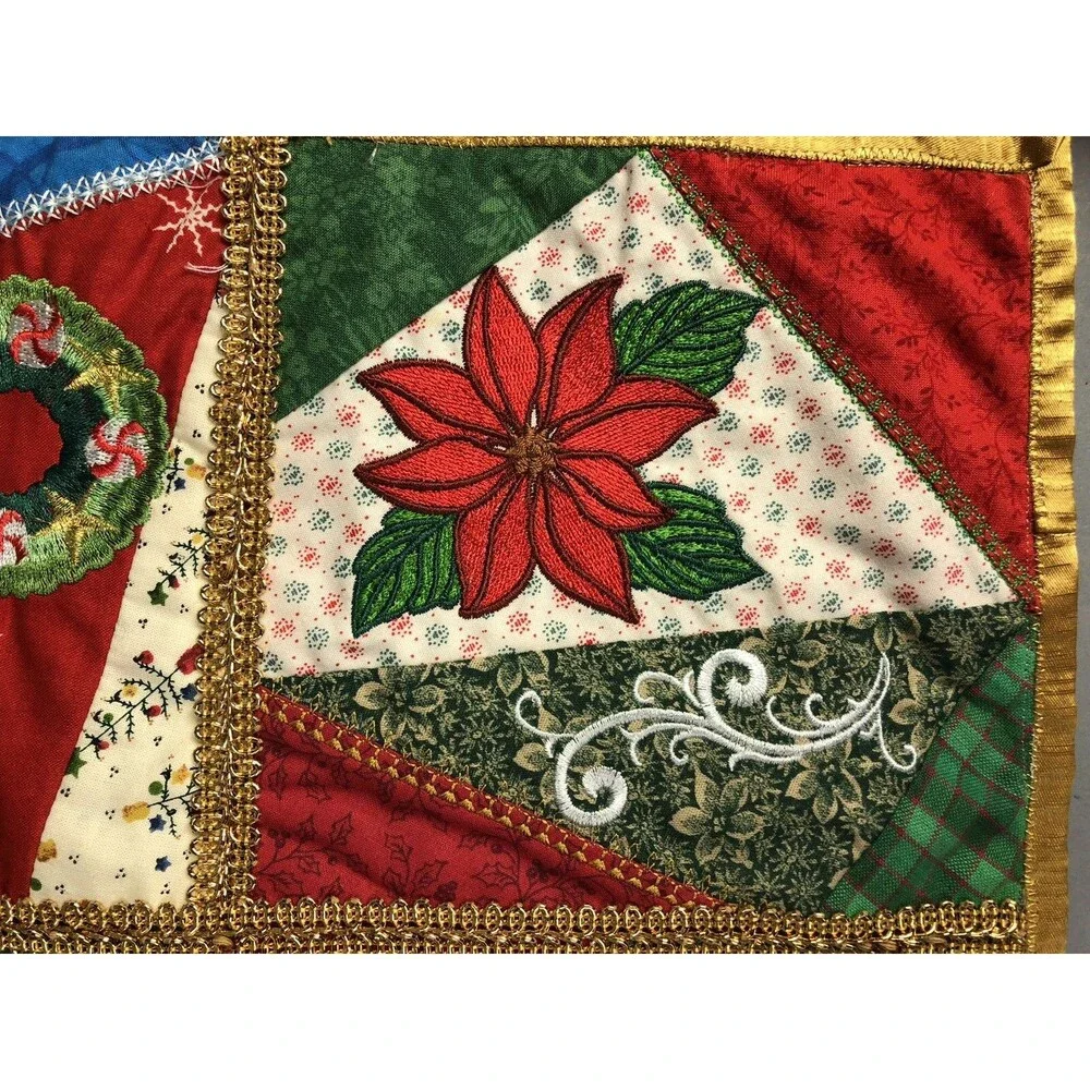 Christmas Table Runner Snowman Handmade Embroidered Double Sided Multi Color
